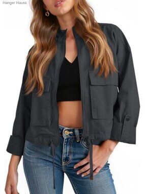 Cropped Military Jacket Cotton Casual Zip Up Lightweight